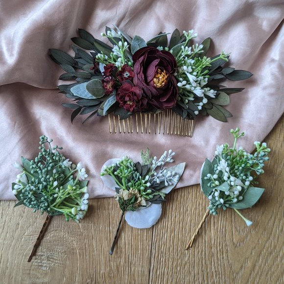 Bridal hair comb - Eucalyptus Burgundy Red Flower with Greenery - Picture 1 of 8